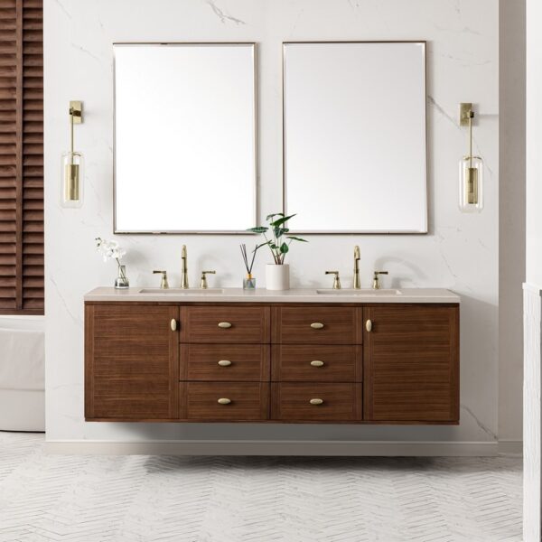 James Martin 670-V72-WLT-3EMR Amberly 72 Inch Mid-Century Walnut Double Sink Vanity with 3 cm Eternal Marfil Top