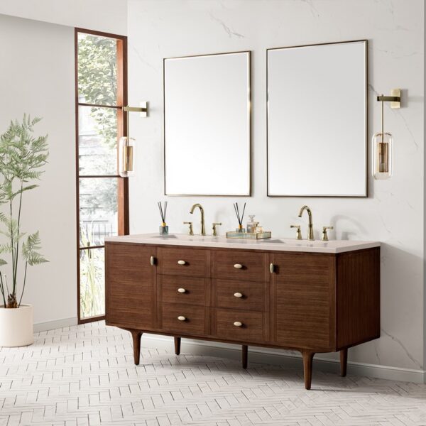 James Martin 670-V72-WLT-3EMR Amberly 72 Inch Mid-Century Walnut Double Sink Vanity with 3 cm Eternal Marfil Top