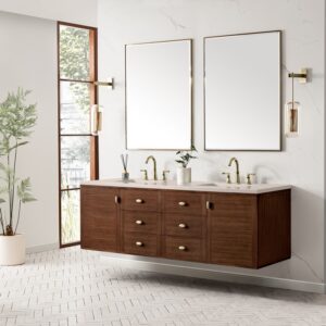 James Martin 670-V72-WLT-3EMR Amberly 72 Inch Mid-Century Walnut Double Sink Vanity with 3 cm Eternal Marfil Top