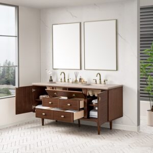 James Martin 670-V72-WLT-3EMR Amberly 72 Inch Mid-Century Walnut Double Sink Vanity with 3 cm Eternal Marfil Top