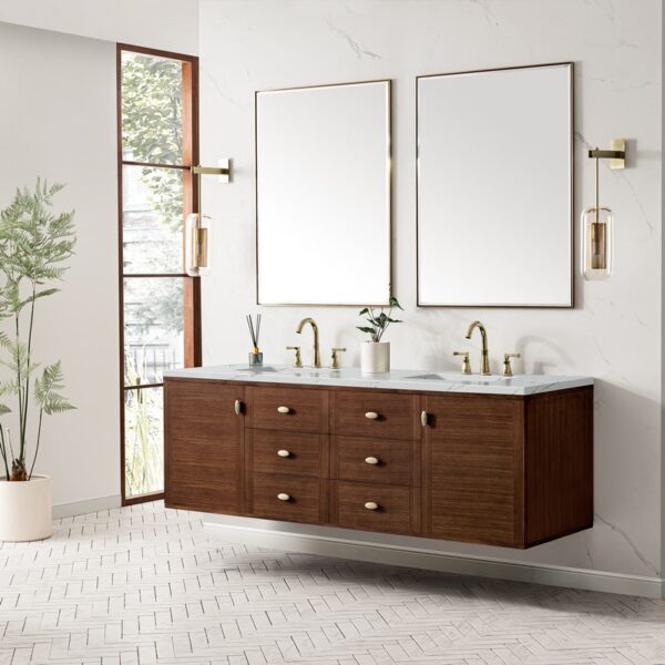 James Martin 670-V72-WLT-3ENC Amberly 72 Inch Mid-Century Walnut Double Sink Vanity with 3 cm Ethereal Noctis Top