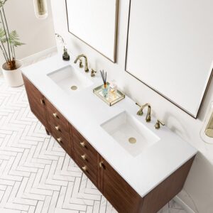 James Martin 670-V72-WLT-3WZ Amberly 72 Inch Double Vanity in Mid-Century Walnut with 3cm White Zeus Top