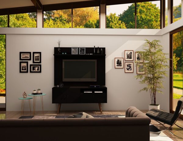 Manhattan Comfort Tribeca 53.94 Mid-Century Modern TV Stand and Panel with Media and Display Shelves in Black