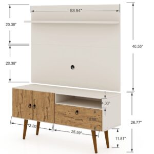 Manhattan Comfort Tribeca 53.94 Mid-Century Modern TV Stand and Panel with Media and Display Shelves in Off White and Nature