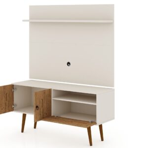 Manhattan Comfort Tribeca 53.94 Mid-Century Modern TV Stand and Panel with Media and Display Shelves in Off White and Nature