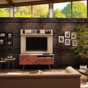 Manhattan Comfort Tribeca 53.94 Mid-Century Modern TV Stand and Panel with Media and Display Shelves in Off White and Terra Orange Pink