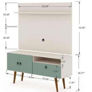 Manhattan Comfort Tribeca 53.94 Mid-Century Modern TV Stand and Panel with Media and Display Shelves in Off White and Green Mint