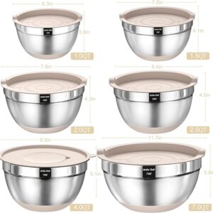 RetailHuntUSA Mixing Bowls with Airtight Lids Set, 26PCS Stainless Steel Khaki Bowls with Grater Attachments, Non-Slip Bottoms & Kitchen Gadgets Set, Size 7, 4, 2.5, 2.0,1.5, 1QT, Great for Mixing & Serving