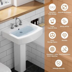 RetailHuntUSA 22” L X 17”W Ceramic Pedestal Sink For Lavatory, Rectangular Bathroom Pedestal Sinks with 3 Pre-Drilled Centers 8 Inch Widespread Faucet Holes, White