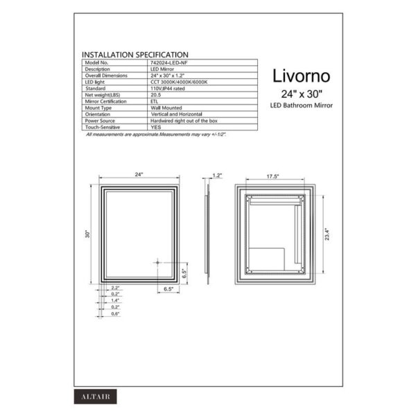 Altair 742024-LED-NF Livorno 24 Inch Rectangle Frameless Modern LED Bathroom Vanity Mirror