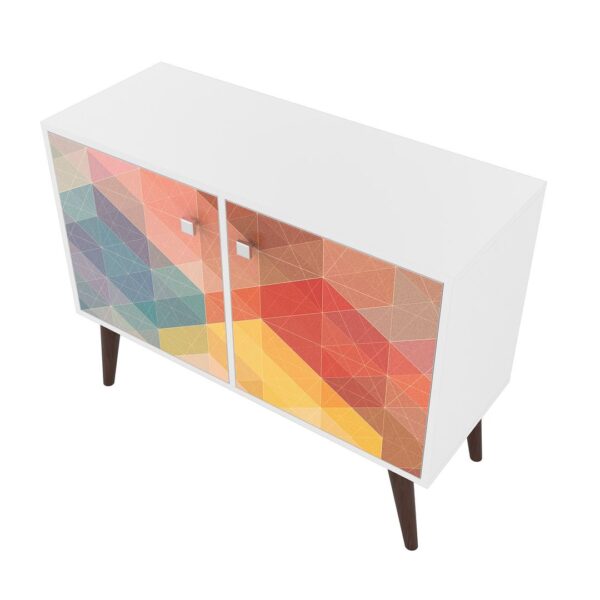 Manhattan Comfort Funky Avesta Side Table 2.0 with 3 Shelves in a White Frame with a Colorful Stamp Door