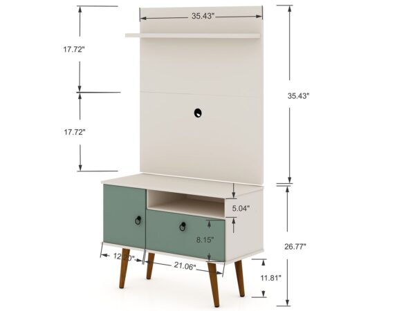 Manhattan Comfort Tribeca 35.43 Mid-Century Modern TV Stand and Panel with Media and Display Shelves in Off White and Green Mint