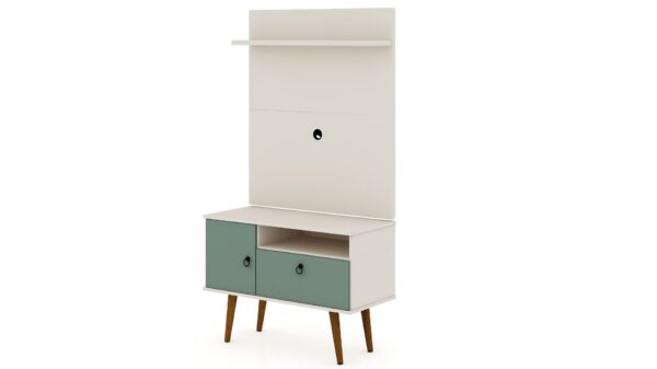 Manhattan Comfort Tribeca 35.43 Mid-Century Modern TV Stand and Panel with Media and Display Shelves in Off White and Green Mint