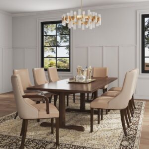 Manhattan Comfort Shubert 8-Piece Modern Faux Leather and Velvet Dining Chair Set in Tan