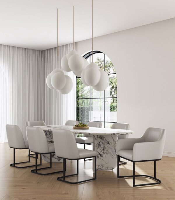 Manhattan Comfort Modern Serena 8 Piece Dining Set Upholstered in Leatherette with Steel Legs in Light Grey