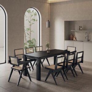 Manhattan Comfort 9-Piece Rockaway Modern 70.86 Solid Wood Dining Set in Black with 8 Hamlet Side and Arm Chairs