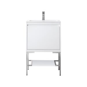 James Martin 801V23.6GWBNKGW Milan 23.6 Inch Single Vanity Cabinet in Glossy White and Brushed Nickel with Glossy White Composite Top