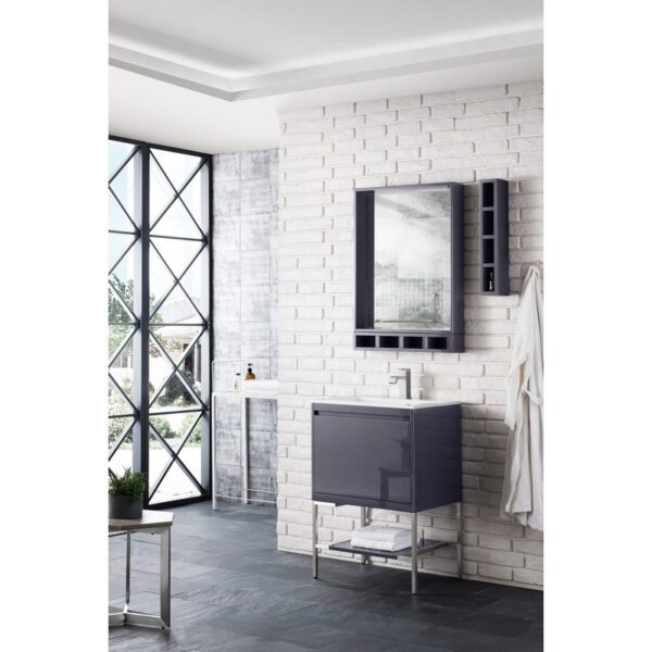 James Martin 801V23.6MGGBNKGW Milan 23.6 Inch Single Vanity Cabinet in Modern Grey Glossy and Brushed Nickel with Glossy White Composite Top