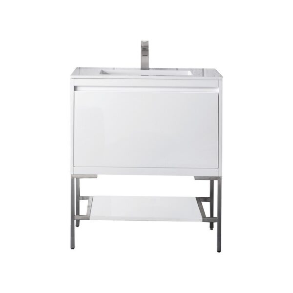 James Martin 801V31.5GWBNKGW Milan 31.5 Inch Single Vanity Cabinet in Glossy White and Brushed Nickel with Glossy White Composite Top