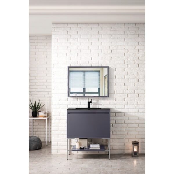 James Martin 801V31.5MGGBNKCHB Milan 31.5 Inch Single Vanity Cabinet in Modern Grey Glossy and Brushed Nickel with Charcoal Black Composite Top