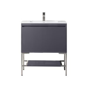 James Martin 801V31.5MGGBNKGW Milan 31.5 Inch Single Vanity Cabinet in Modern Grey Glossy and Brushed Nickel with Glossy White Composite Top