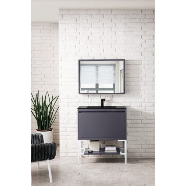 James Martin 801V31.5MGGGWCHB Milan 31.5 Inch Single Vanity Cabinet in Modern Grey Glossy and Glossy White with Charcoal Black Composite Top