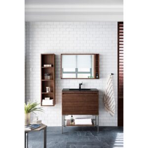 James Martin 801V31.5WLTBNKCHB Milan 31.5 Inch Single Vanity Cabinet in Mid Century Walnut and Brushed Nickel with Charcoal Black Composite Top