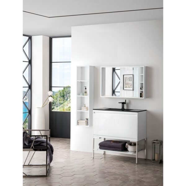 James Martin 801V35.4GWBNKCHB Milan 35.4 Inch Single Vanity Cabinet in Glossy White and Brushed Nickel with Charcoal Black Composite Top