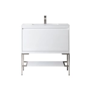 James Martin 801V35.4GWBNKGW Milan 35.4 Inch Single Vanity Cabinet in Glossy White and Brushed Nickel with Glossy White Composite Top