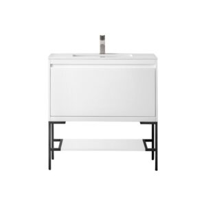 James Martin 801V35.4GWMBKGW Milan 35.4 Inch Single Vanity Cabinet in Glossy White and Matte Black with Glossy White Composite Top