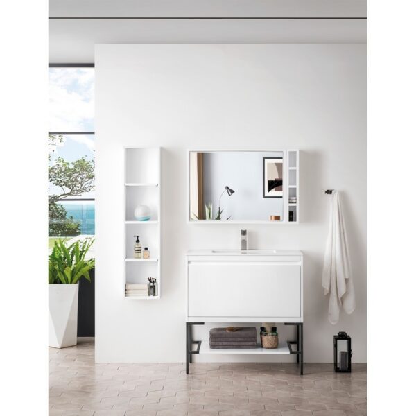 James Martin 801V35.4GWMBKGW Milan 35.4 Inch Single Vanity Cabinet in Glossy White and Matte Black with Glossy White Composite Top