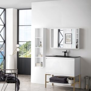 James Martin 801V35.4GWRGDCHB Milan 35 3/8 Inch Single Vanity Cabinet with Charcoal Black Composite Top - Glossy White