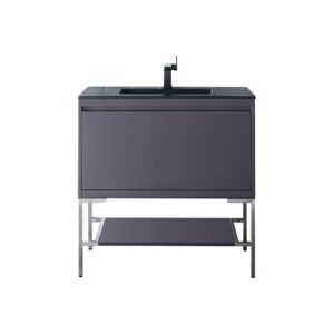 James Martin 801V35.4MGGBNKCHB Milan 35.4 Inch Single Vanity Cabinet in Modern Grey Glossy and Brushed Nickel with Charcoal Black Composite Top