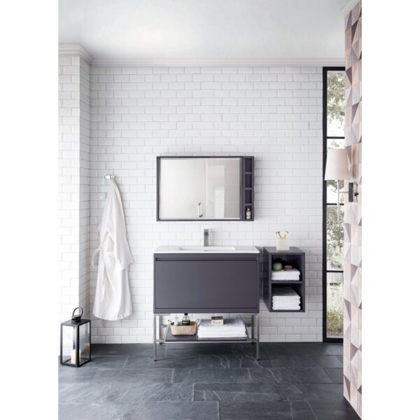 James Martin 801V35.4MGGBNKGW Milan 35.4 Inch Single Vanity Cabinet in Modern Grey Glossy and Brushed Nickel with Glossy White Composite Top