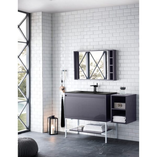 James Martin 801V35.4MGGGWCHB Milan 35.4 Inch Single Vanity Cabinet in Modern Grey Glossy and Glossy White with Charcoal Black Composite Top