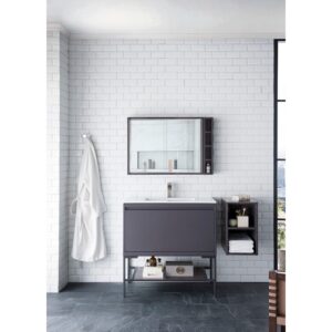 James Martin 801V35.4MGGMBKGW Milan 35.4 Inch Single Vanity Cabinet in Modern Grey Glossy and Matte Black with Glossy White Composite Top