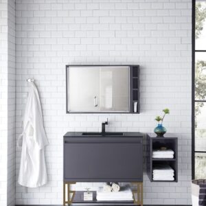 James Martin 801V35.4MGGRGDCHB Milan 35 3/8 Inch Single Vanity Cabinet with Charcoal Black Composite Top - Modern Grey Glossy