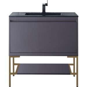 James Martin 801V35.4MGGRGDCHB Milan 35 3/8 Inch Single Vanity Cabinet with Charcoal Black Composite Top - Modern Grey Glossy