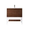 James Martin 801V35.4WLTGWGW Milan 35.4 Inch Single Vanity Cabinet in Mid Century Walnut and Glossy White with Glossy White Composite Top