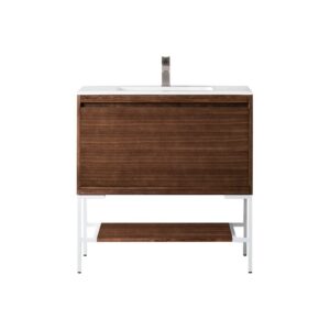 James Martin 801V35.4WLTGWGW Milan 35.4 Inch Single Vanity Cabinet in Mid Century Walnut and Glossy White with Glossy White Composite Top