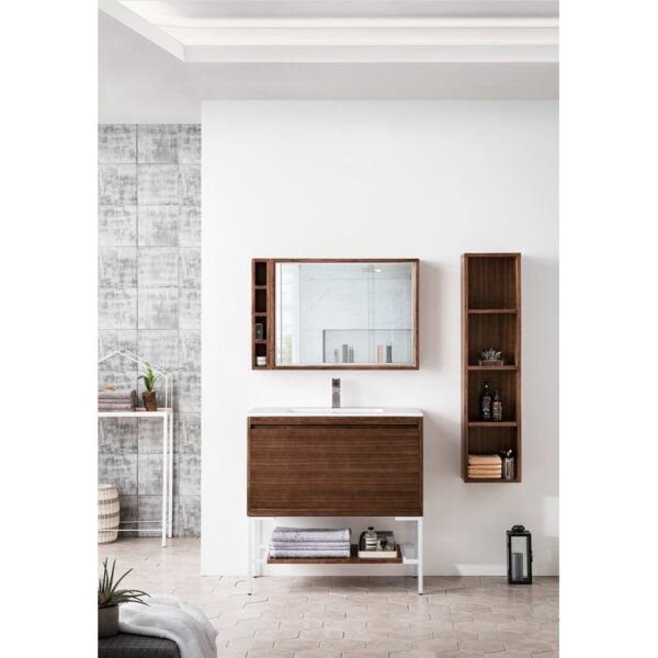 James Martin 801V35.4WLTGWGW Milan 35.4 Inch Single Vanity Cabinet in Mid Century Walnut and Glossy White with Glossy White Composite Top