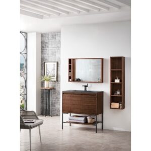 James Martin 801V35.4WLTMBKCHB Milan 35.4 Inch Single Vanity Cabinet in Mid Century Walnut and Matte Black with Charcoal Black Composite Top