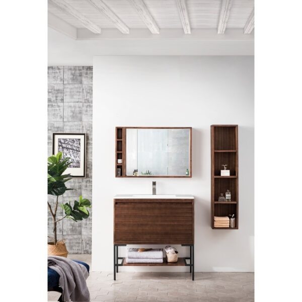 James Martin 801V35.4WLTMBKGW Milan 35.4 Inch Single Vanity Cabinet in Mid Century Walnut and Matte Black with Glossy White Composite Top