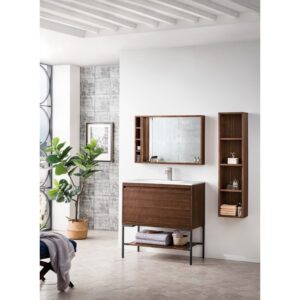 James Martin 801V35.4WLTMBKGW Milan 35.4 Inch Single Vanity Cabinet in Mid Century Walnut and Matte Black with Glossy White Composite Top