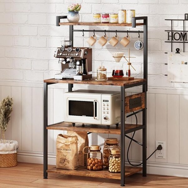 RetailHuntUSA Standing Baker's Rack Coffee Bar Table - 4 Tiers Kitchen Microwave Stand with 6 Hooks, Kitchen Storage Shelves Rack