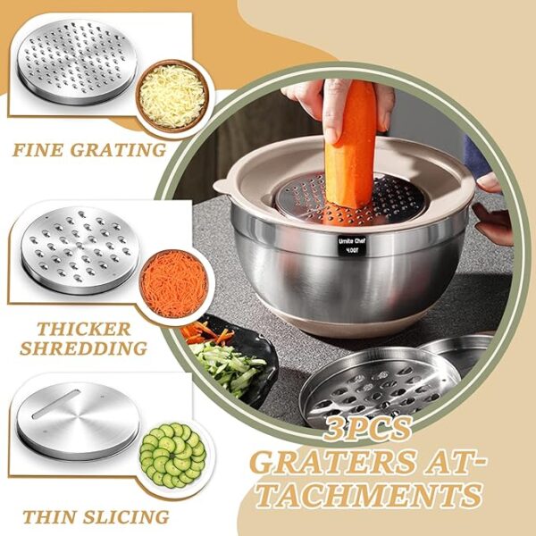 RetailHuntUSA Mixing Bowls with Airtight Lids Set, 26PCS Stainless Steel Khaki Bowls with Grater Attachments, Non-Slip Bottoms & Kitchen Gadgets Set, Size 7, 4, 2.5, 2.0,1.5, 1QT, Great for Mixing & Serving