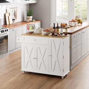 RetailHuntUSA Kitchen Island with Storage, Island Table on Wheels with Drop Leaf, Spice Rack, Drawer, Towel Rack, Rolling Kitchen Island Cart for Dinning Room, White 15.7-27.55" D x 47.63" W x 35.43" H