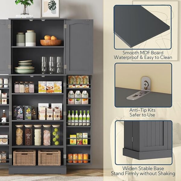 RetailHuntUSA Tall Kitchen Pantry Storage Cabinet with Doors and Shelves, Wooden Food Pantry Farmhouse Cupboard Freestanding Buffet for Kitchen