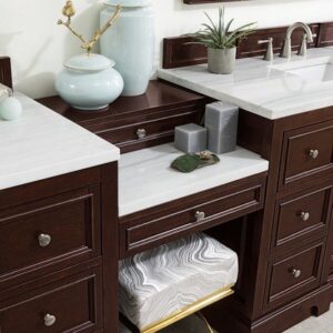 James Martin 825-V118-BNM-DU-AF De Soto 118 Inch Double Vanity Set in Burnished Mahogany with Makeup Table with 3 cm Arctic Fall Solid Surface Top