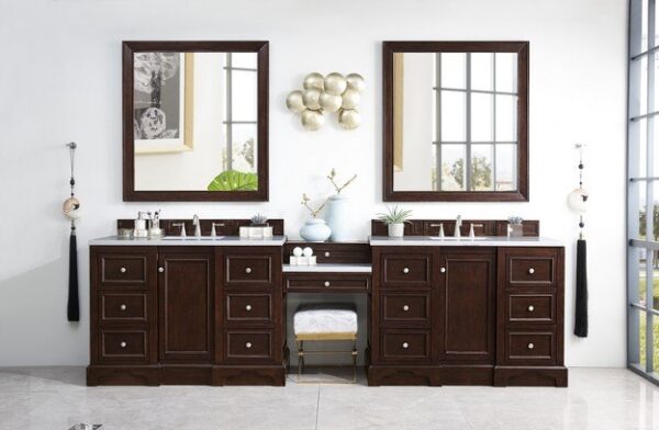 James Martin 825-V118-BNM-DU-CAR De Soto 118 Inch Double Vanity Set in Burnished Mahogany with Makeup Table with 3 cm Carrara Marble Top